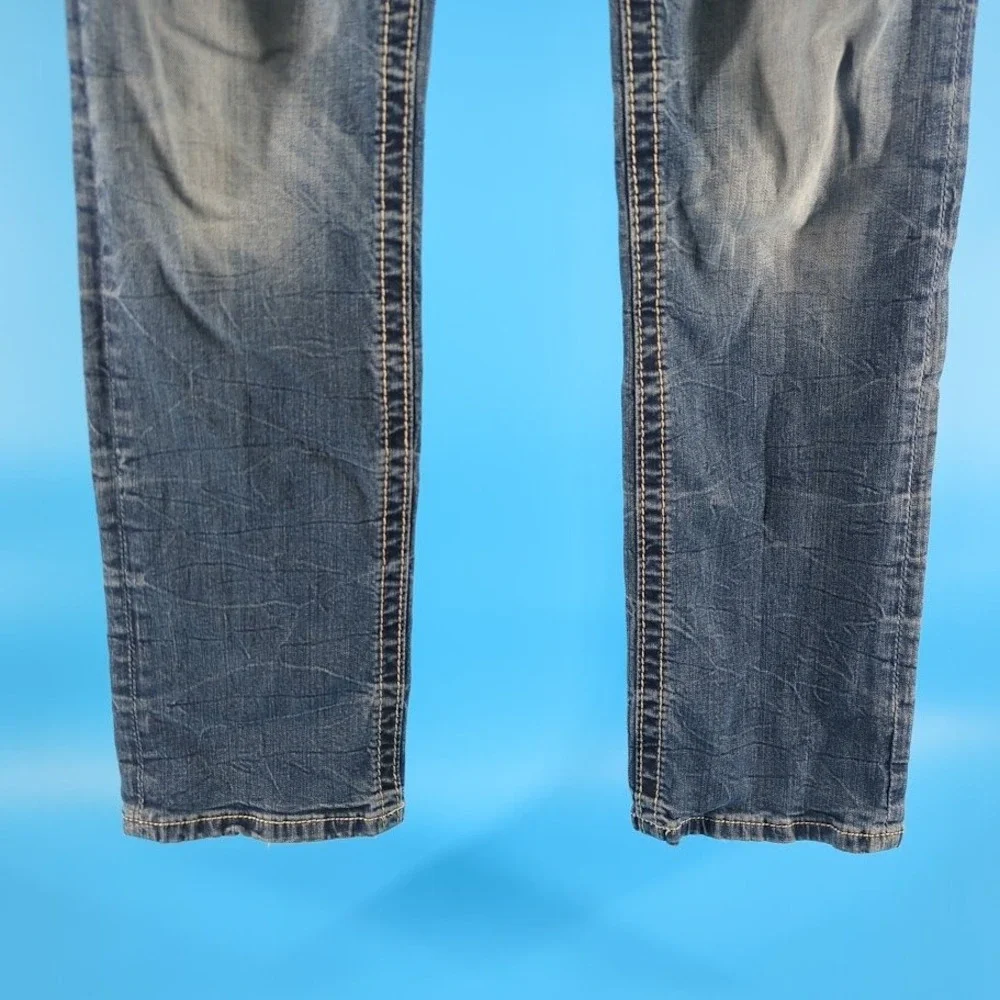 Miss Me Jeans Size 28 Straight Mid Rise Blue Embroidered Rhinestone JE8079ETL